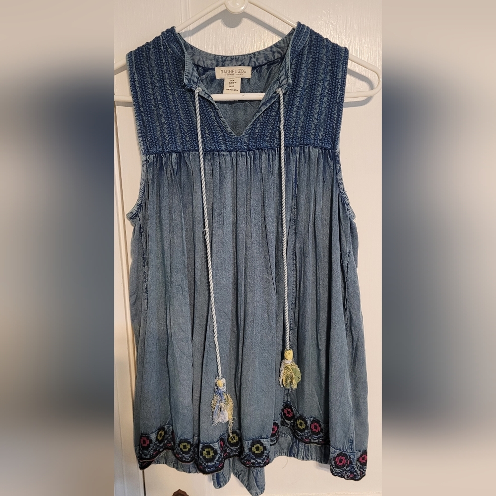 Rachel Zoe blue chambray hippie boho Festival flowy smocked tank top, M